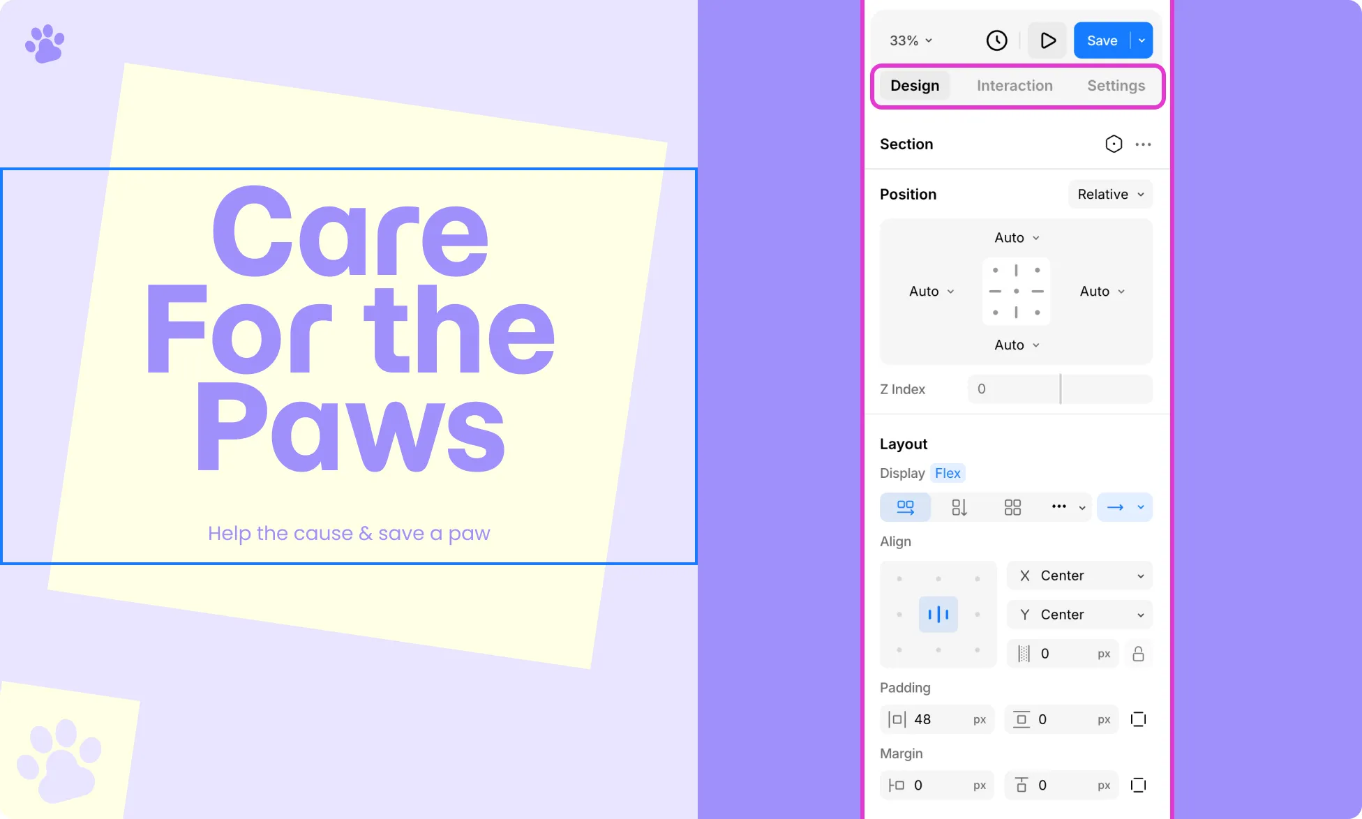 The Right Panel and Its Three Tabs: Design, Interaction, and Settings