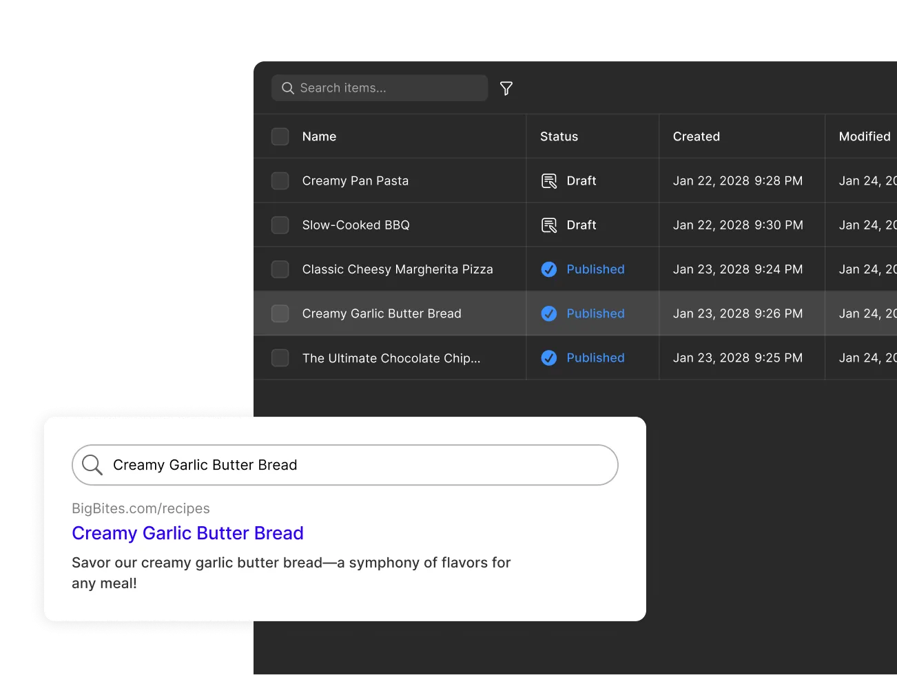CMS collection table with an overlaid search result preview showcasing dynamic SEO metadata.