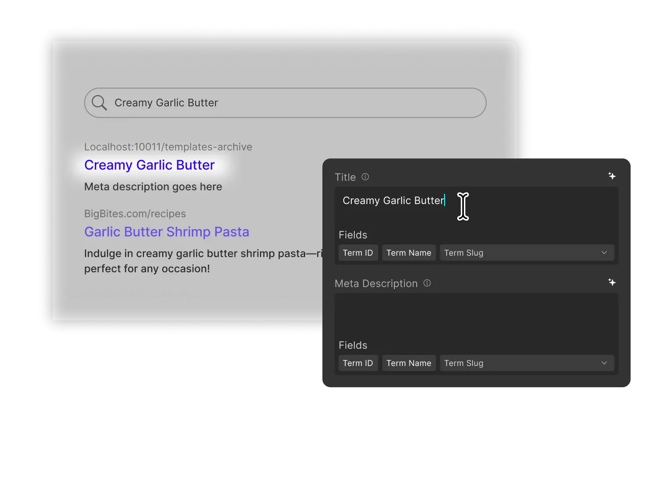 Kirki SEO settings modal using dynamic field tags to populate a live search result preview.