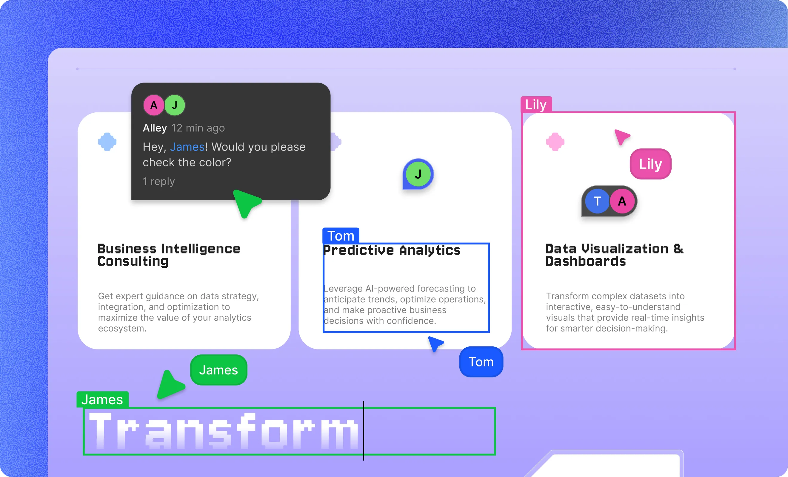 Preview of realtime collaboration & comments inside Kirki canvas
