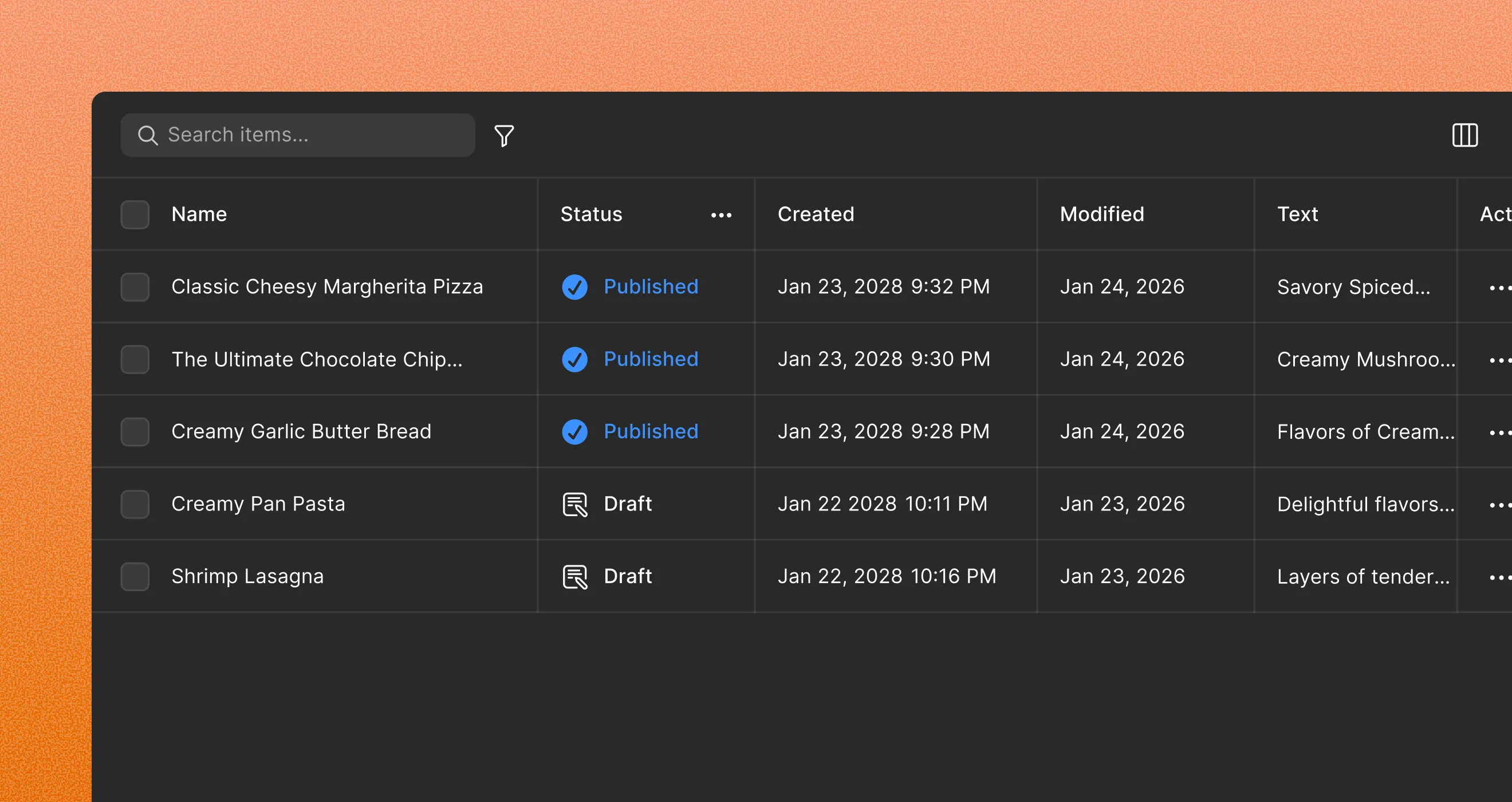 Kirki CMS items table