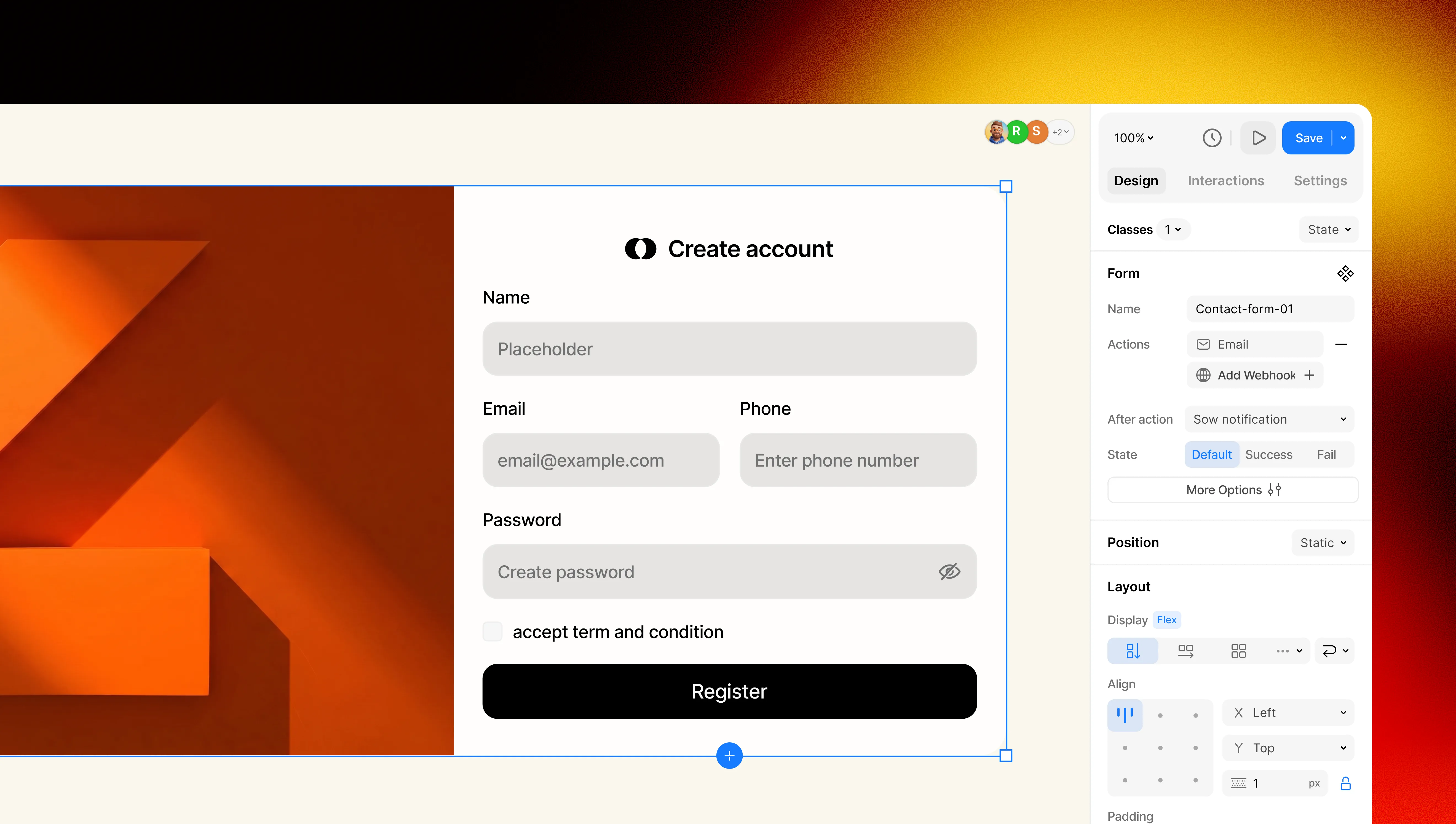 A preview of a create account form selected on the Kirki canvas and form options are visible on the right panel