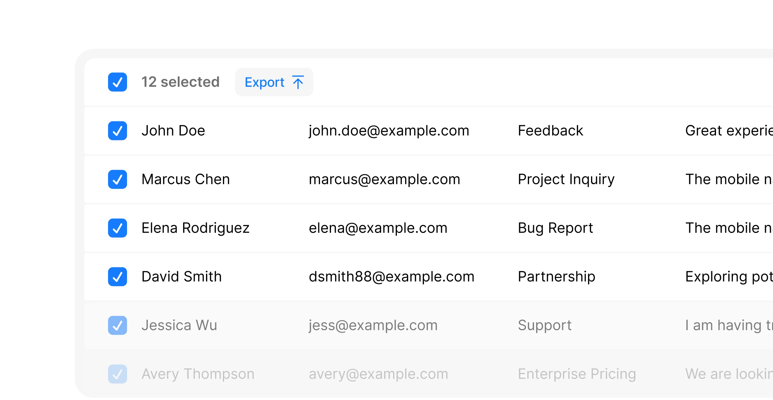 A data table showing export submission as CSV