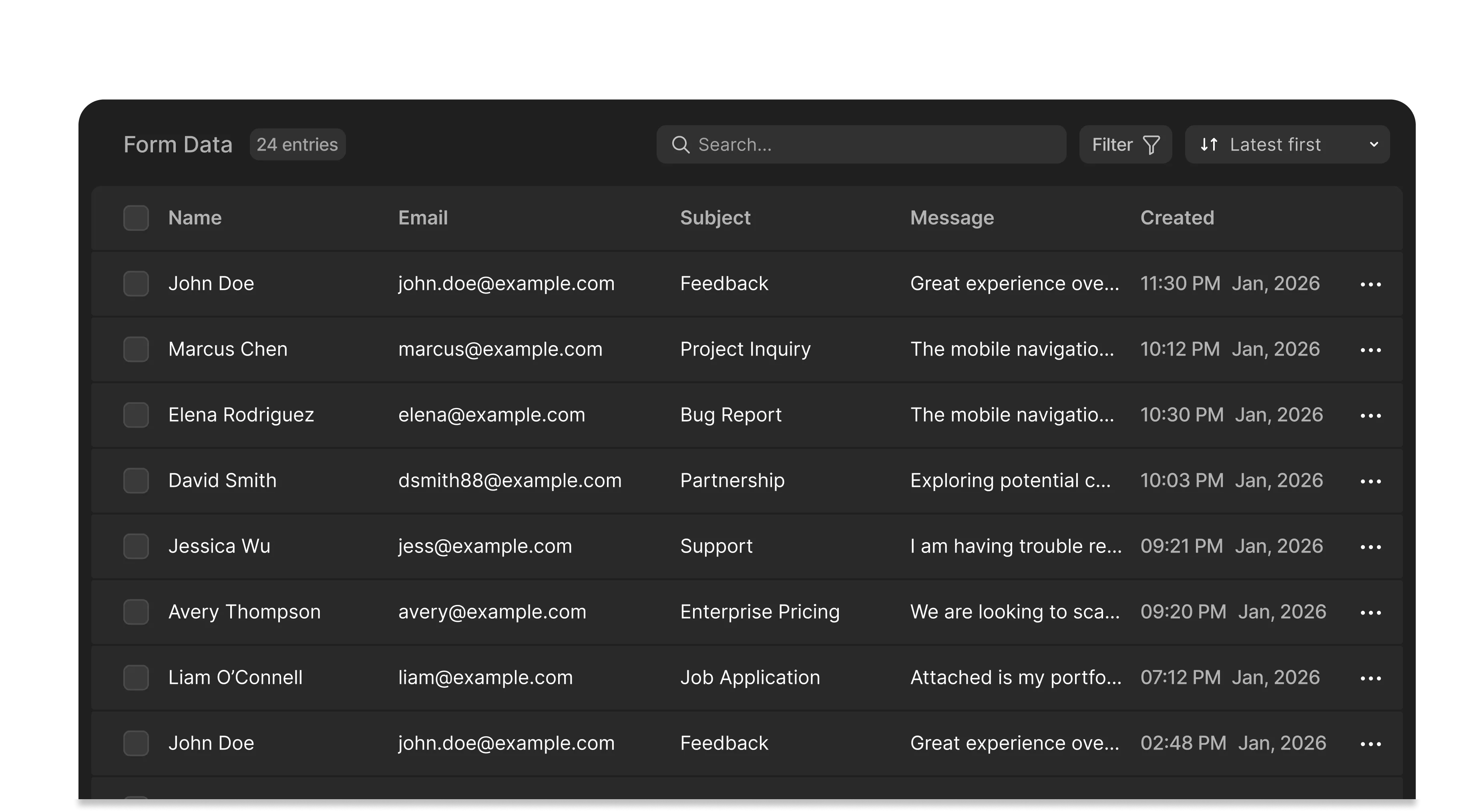 Form responses table with search & filter options