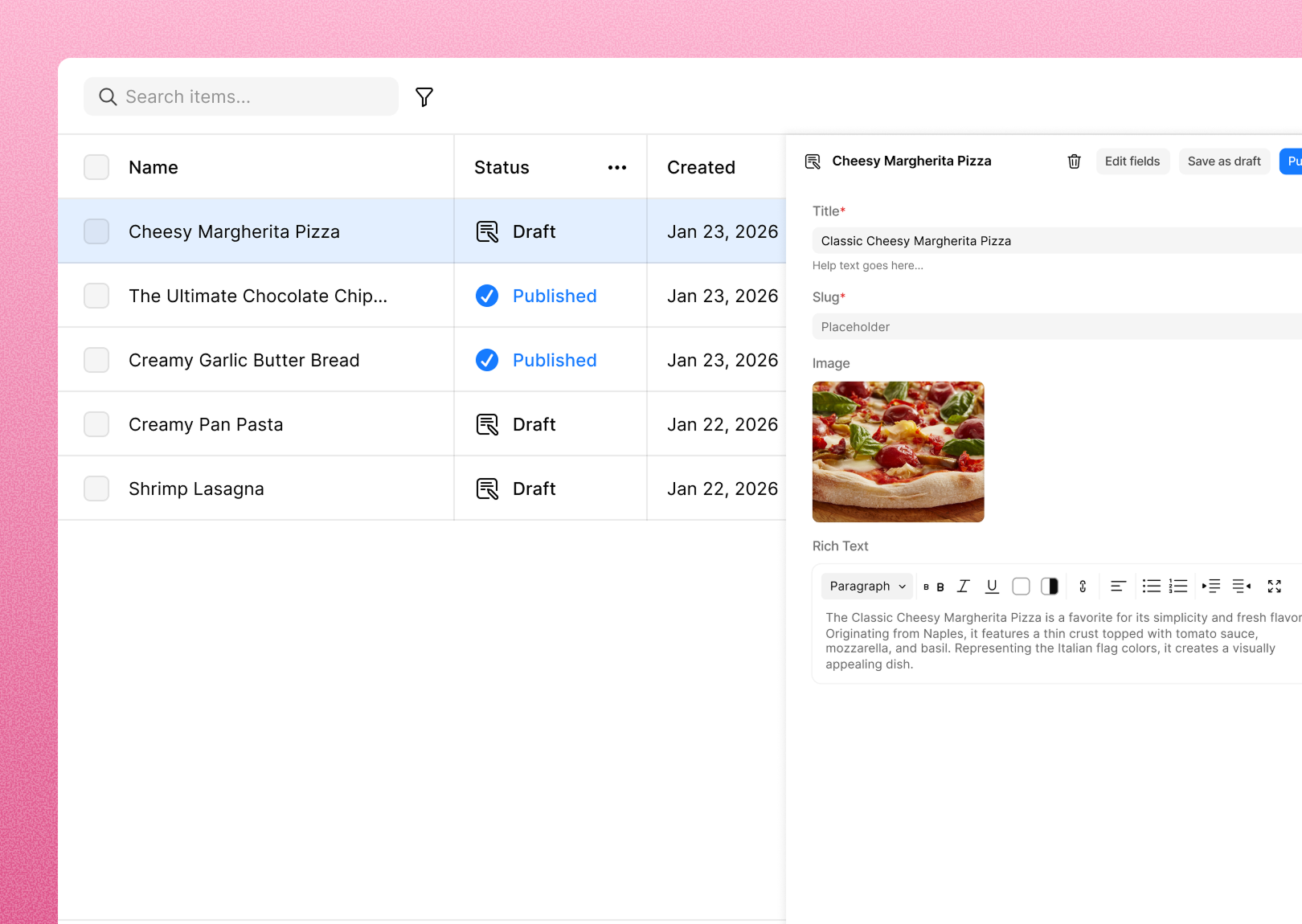 Kirki CMS items table with an item preview