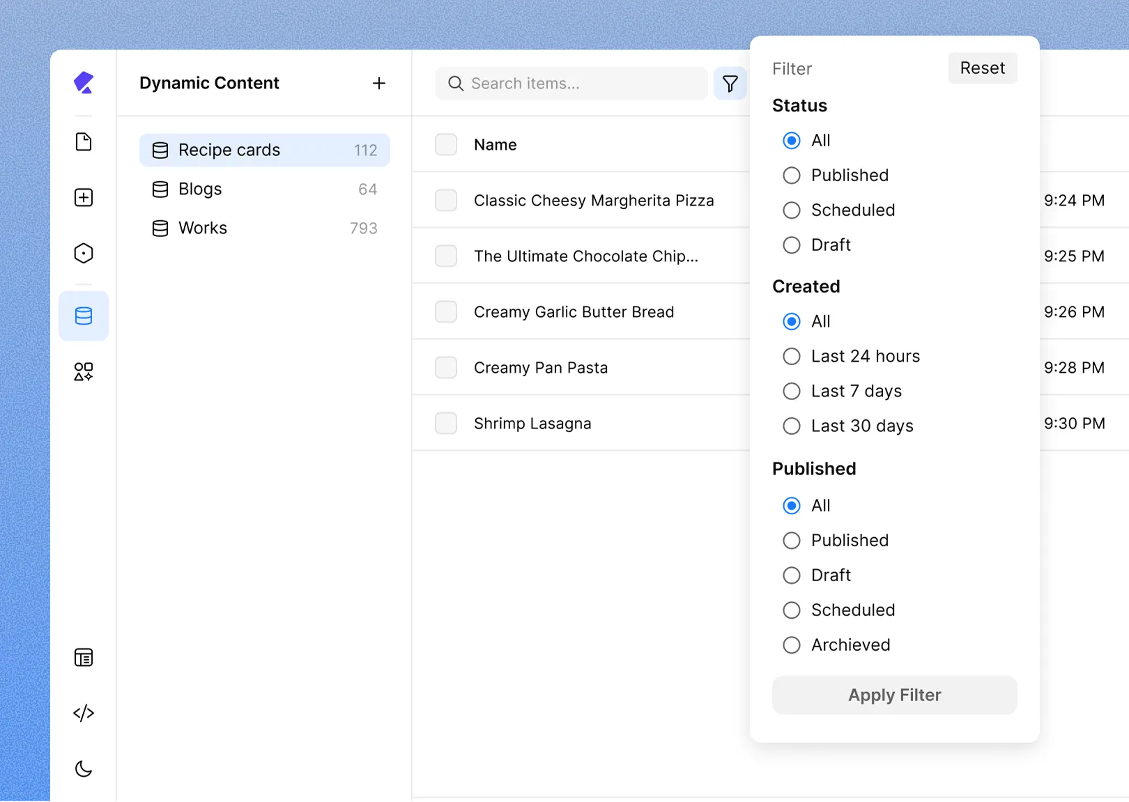 Filter options in CMS collection's item table