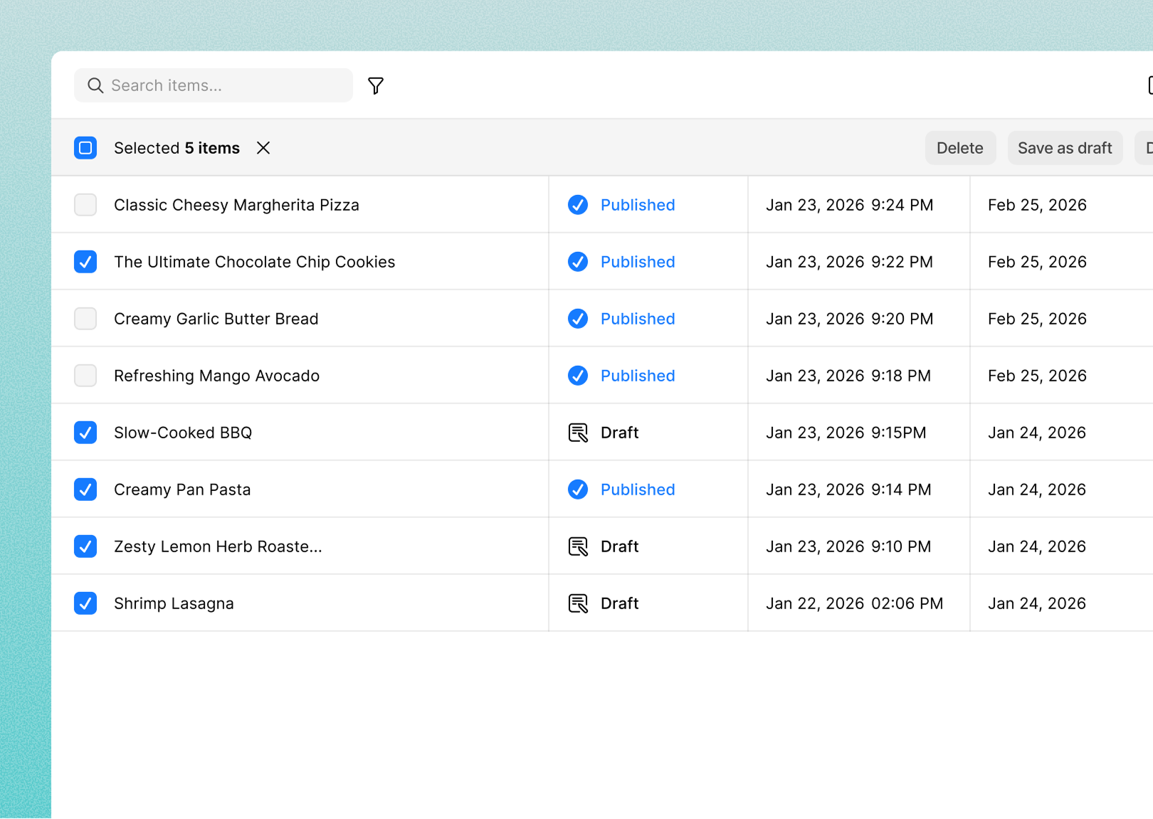 Bulk actions in Kirki CMS collection's item table