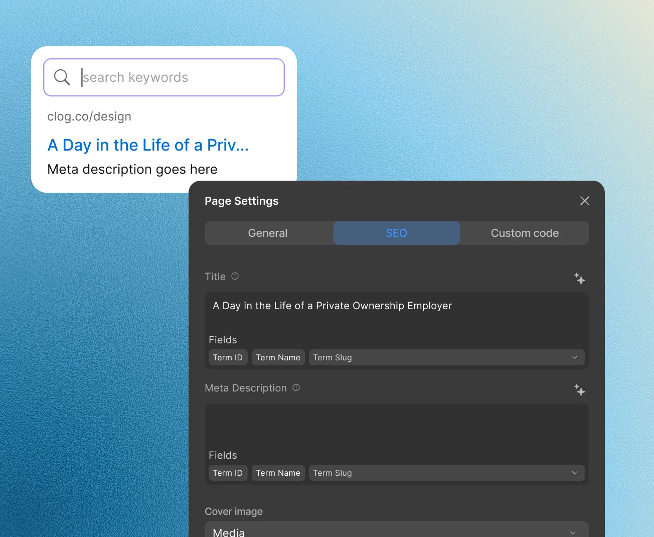 SEO options in page settings
