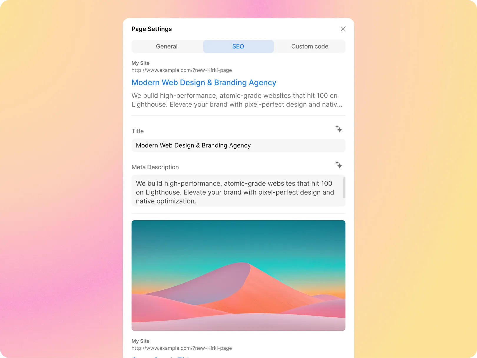 SEO options in page settings