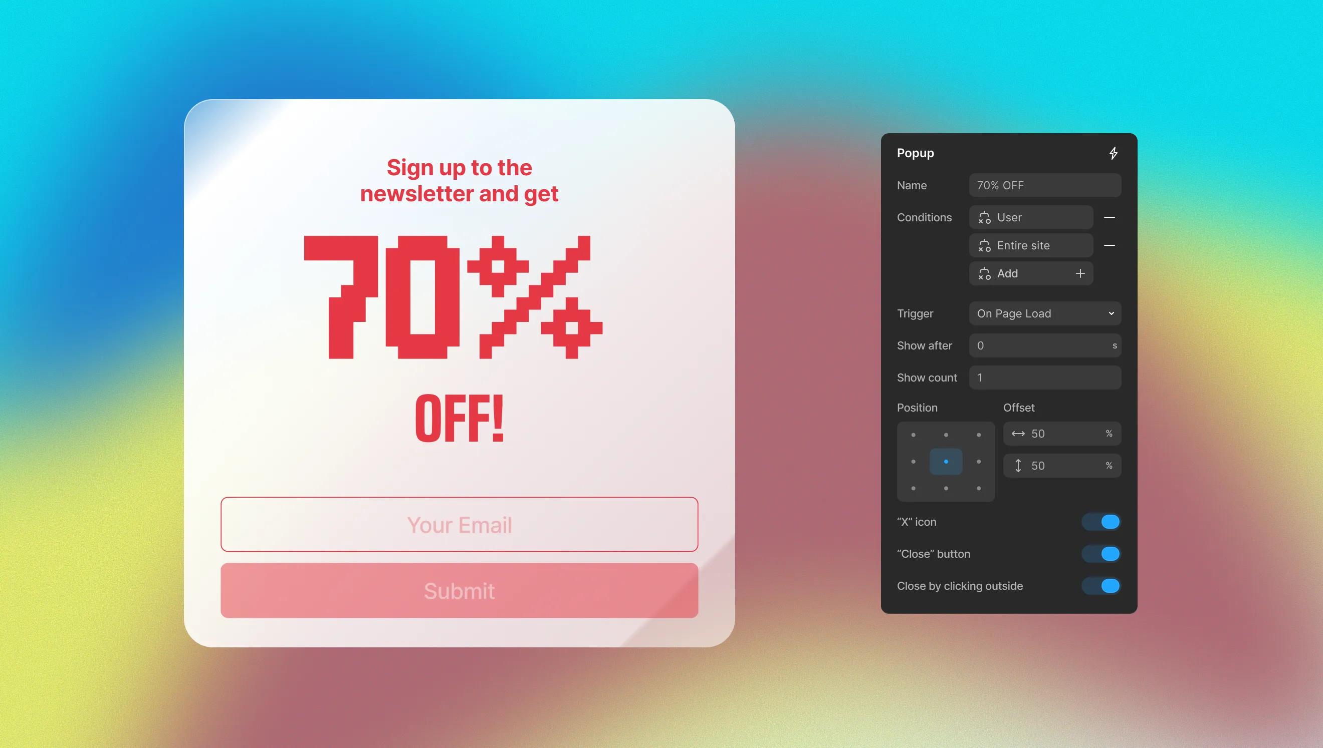 An offer Pop-up with the Popup option panel of Kirki