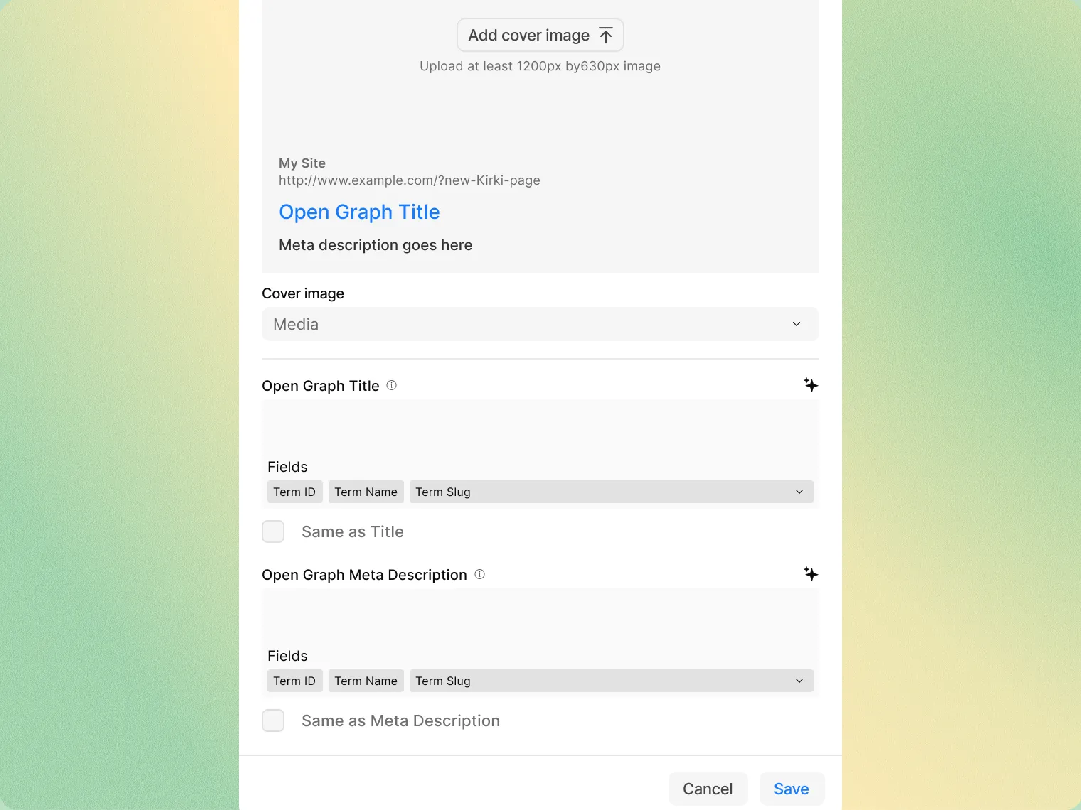 Open graph cover image in page settings