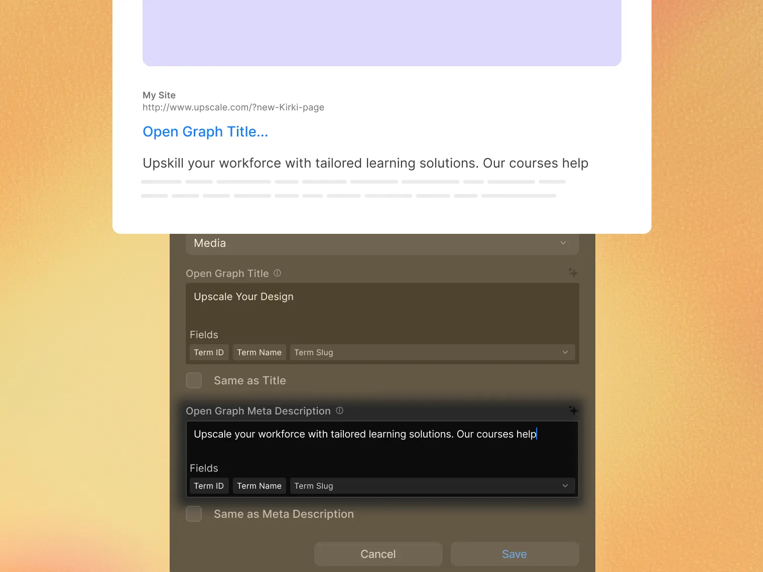 Open graph meta description in page settings