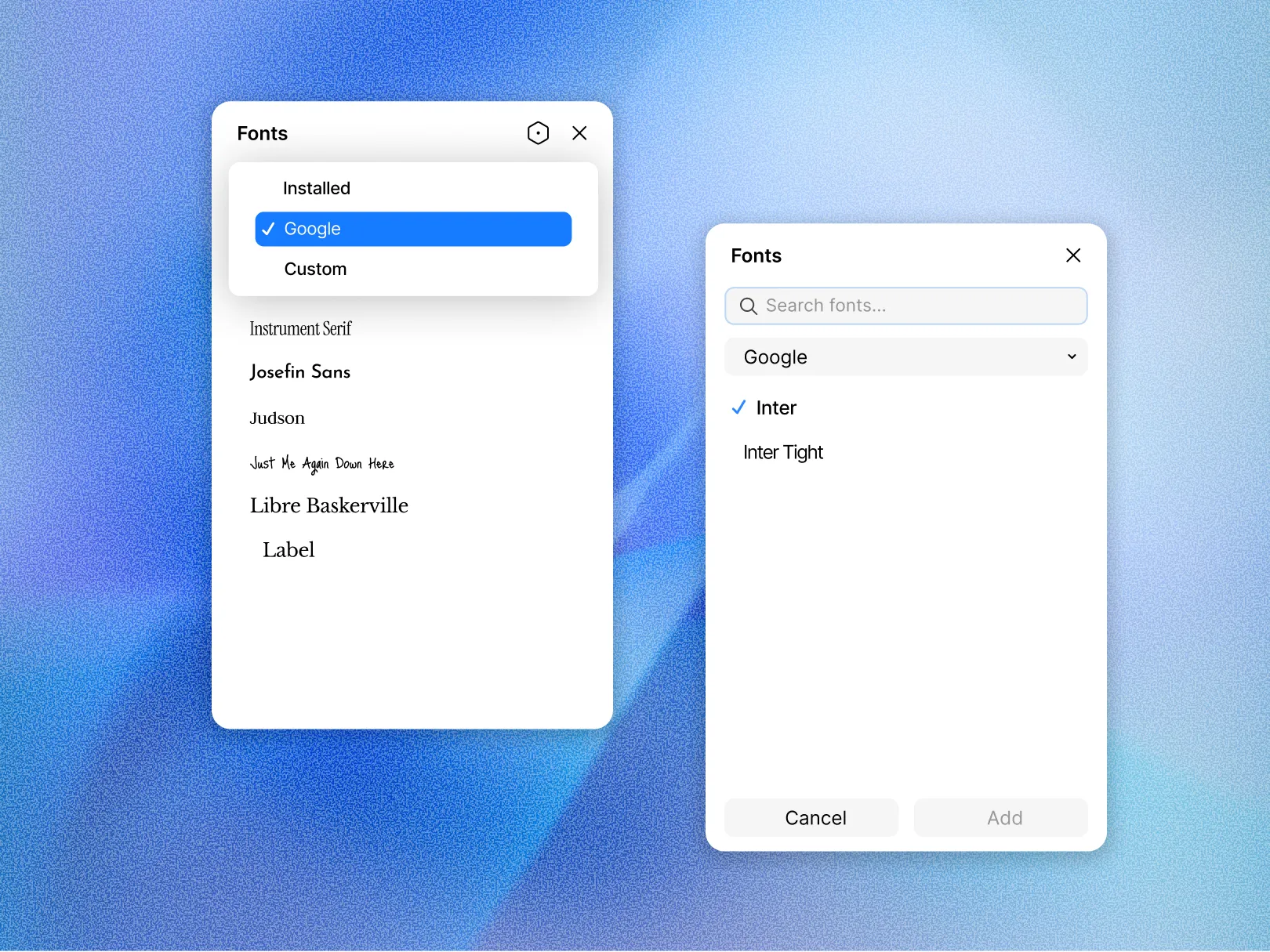 Kirki Fonts panel showing custom typeface upload & Google Fonts Using options