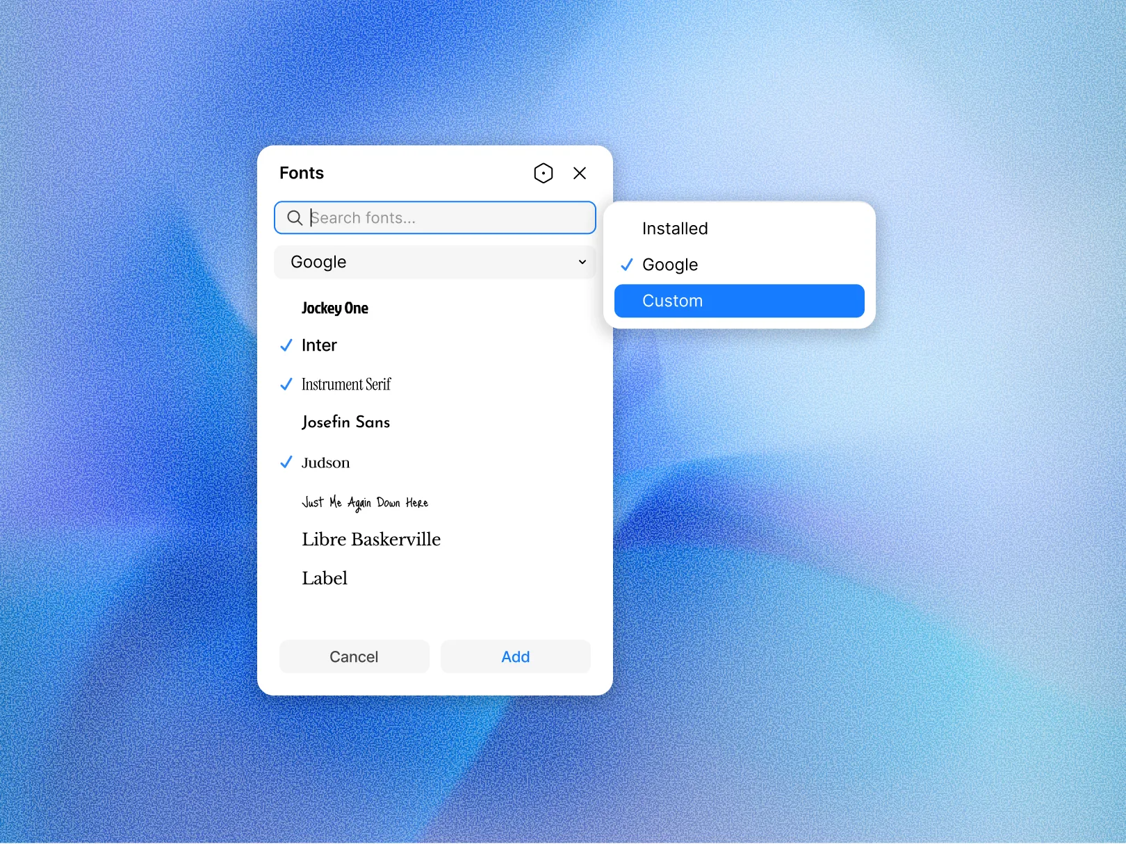 Kirki Fonts panel showing custom typeface upload & Google Fonts Using options