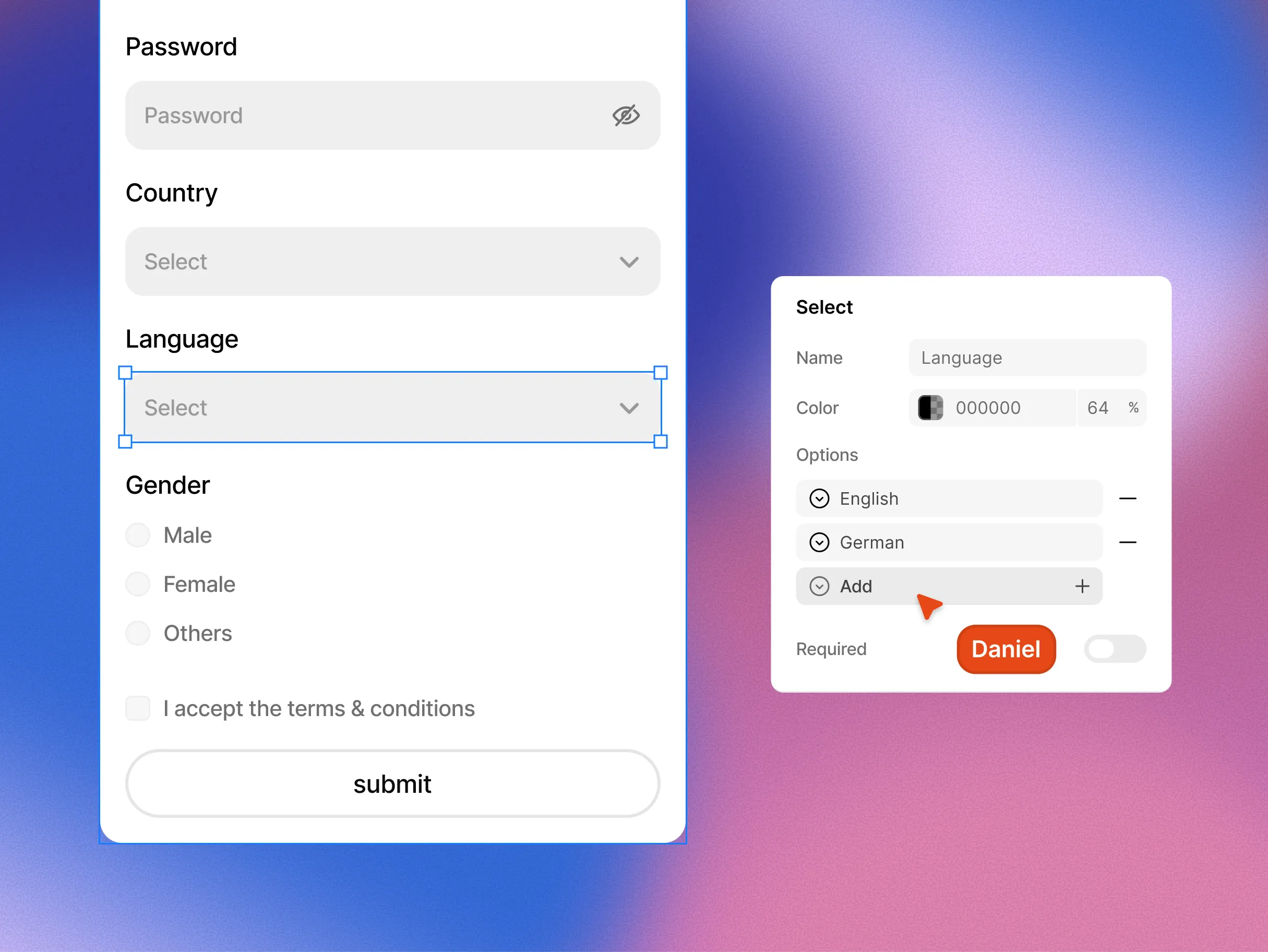 Available input types preview of form input fields