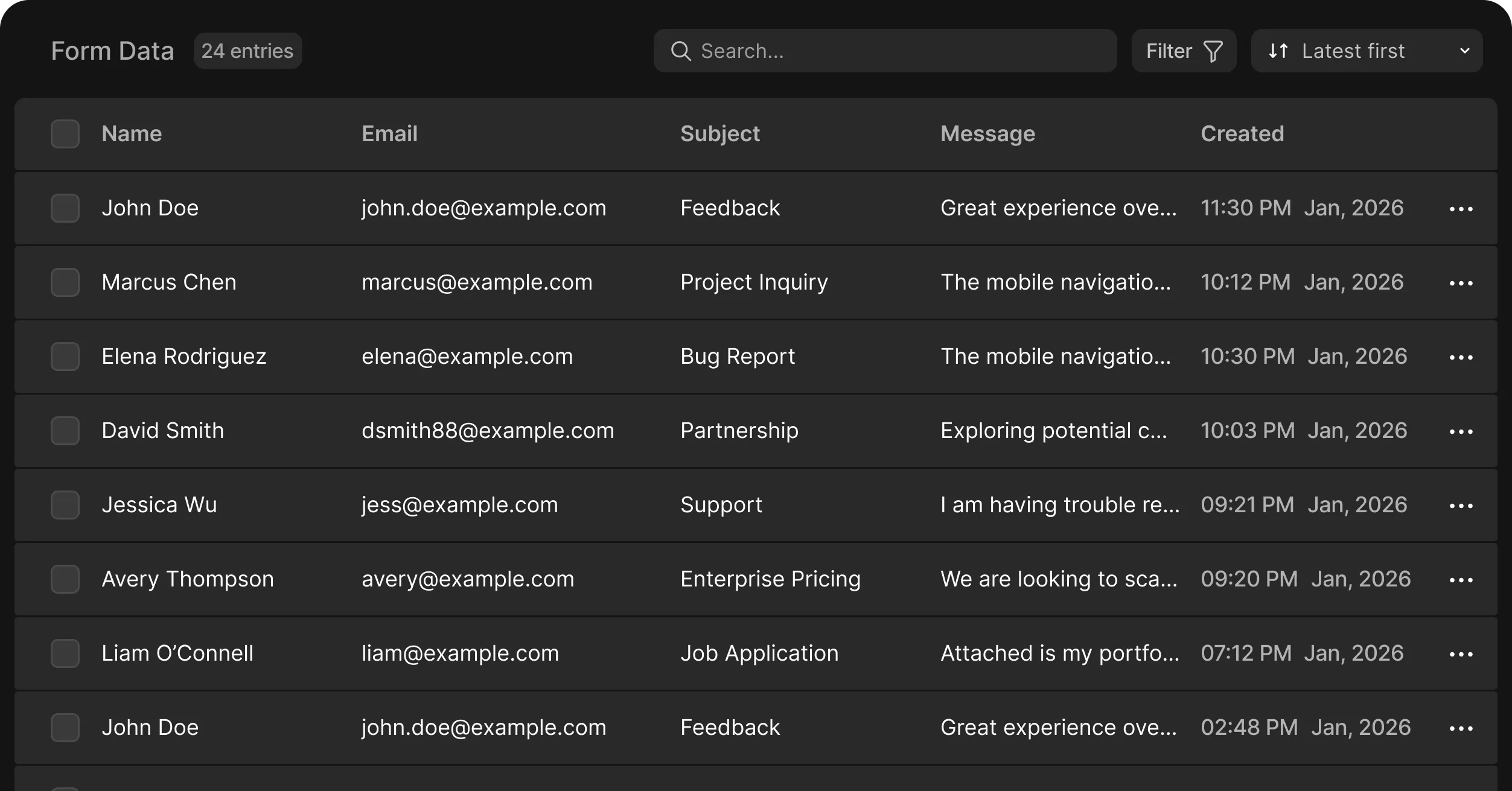 Form responses table with search & filter options