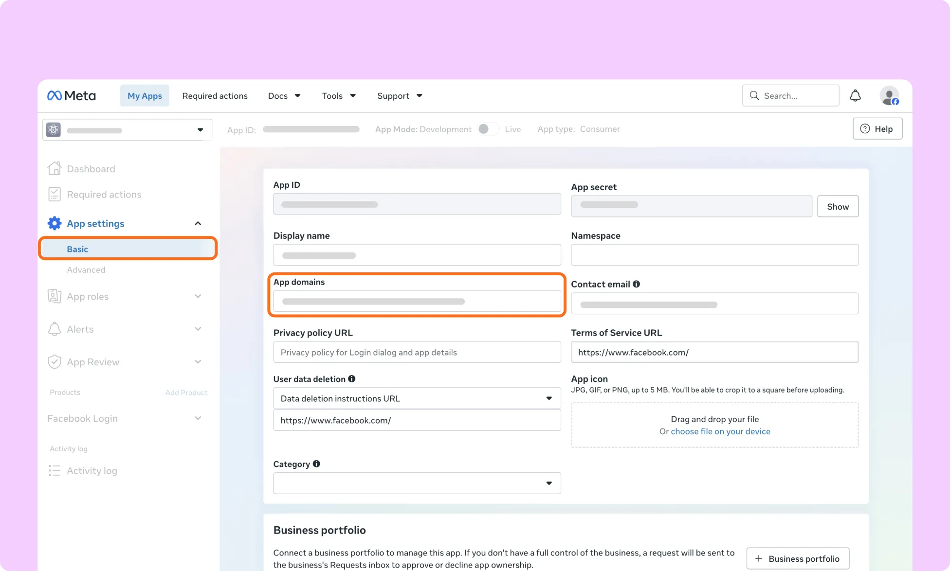 Meta for Developers Basic Settings with URL in "App domains"