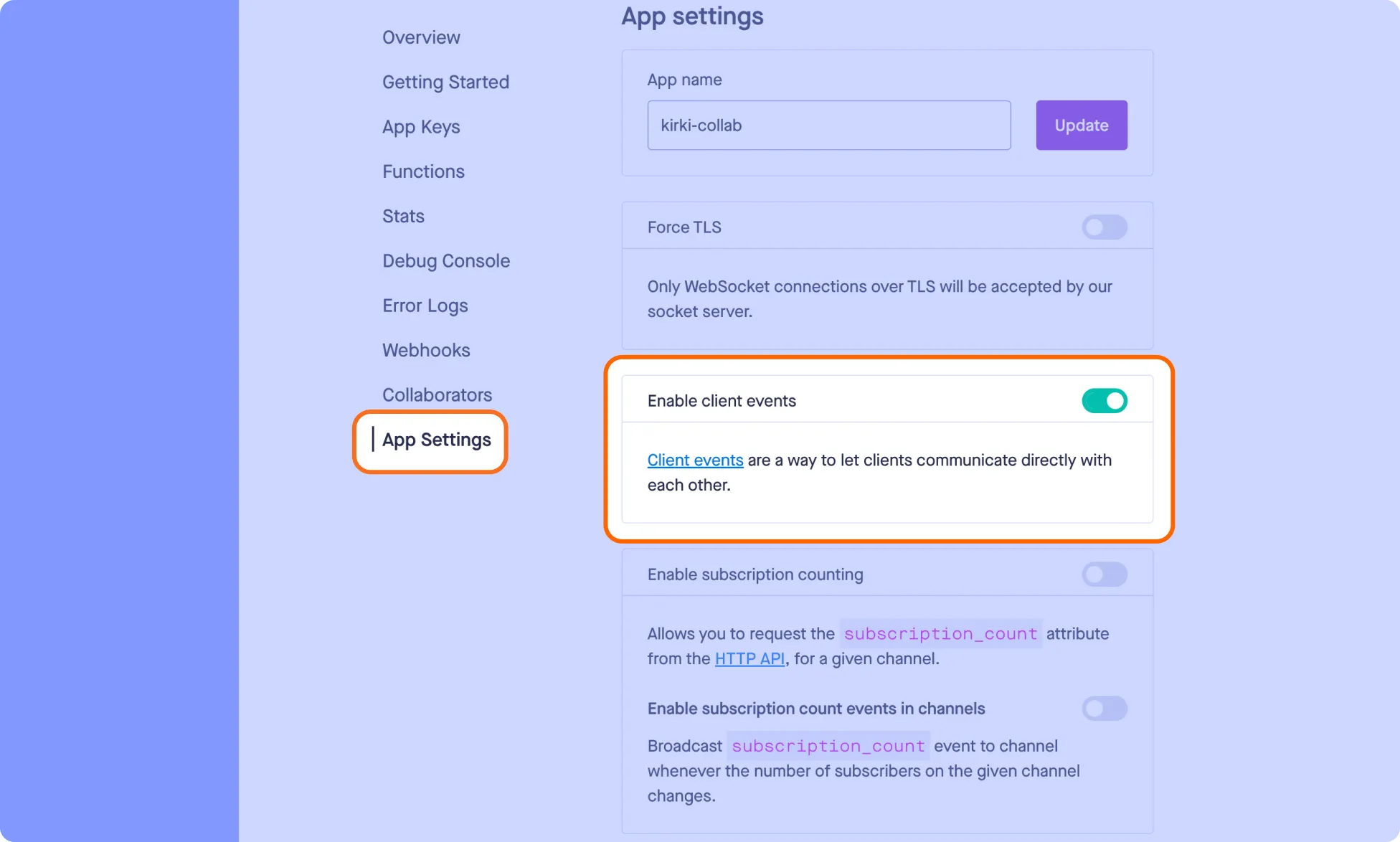 Enable Client Events in Pusher App Settings