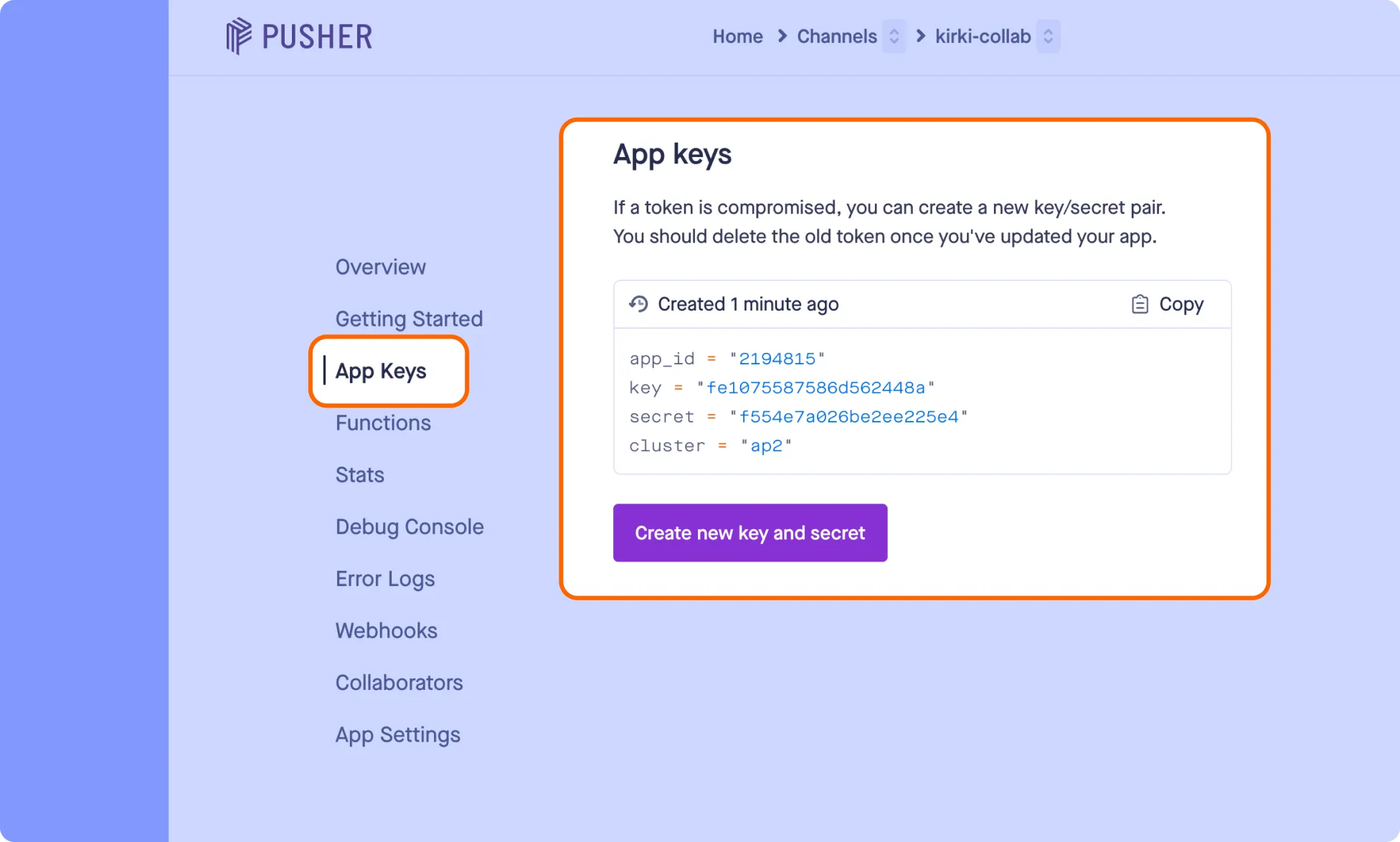 Copy Pusher App Credentials From App Keys