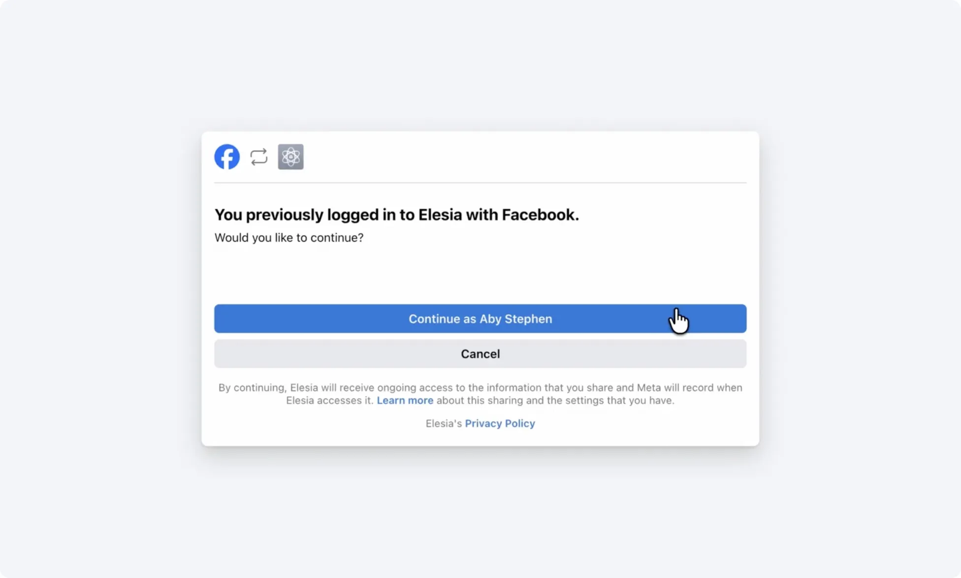 Facebook OAuth authorization window showing Continue button
