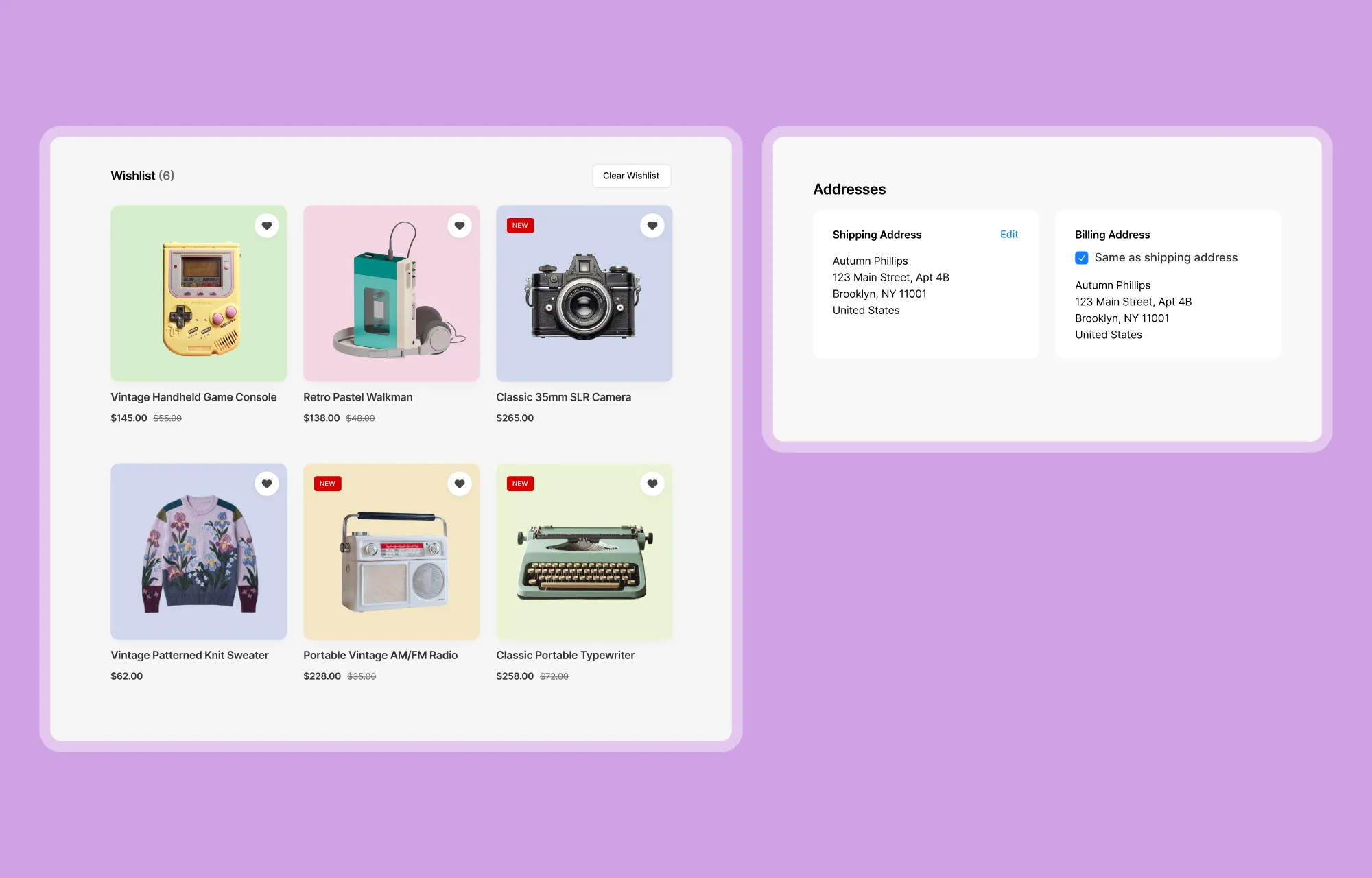 Wishlists and Address Book in Kirki eCommerce