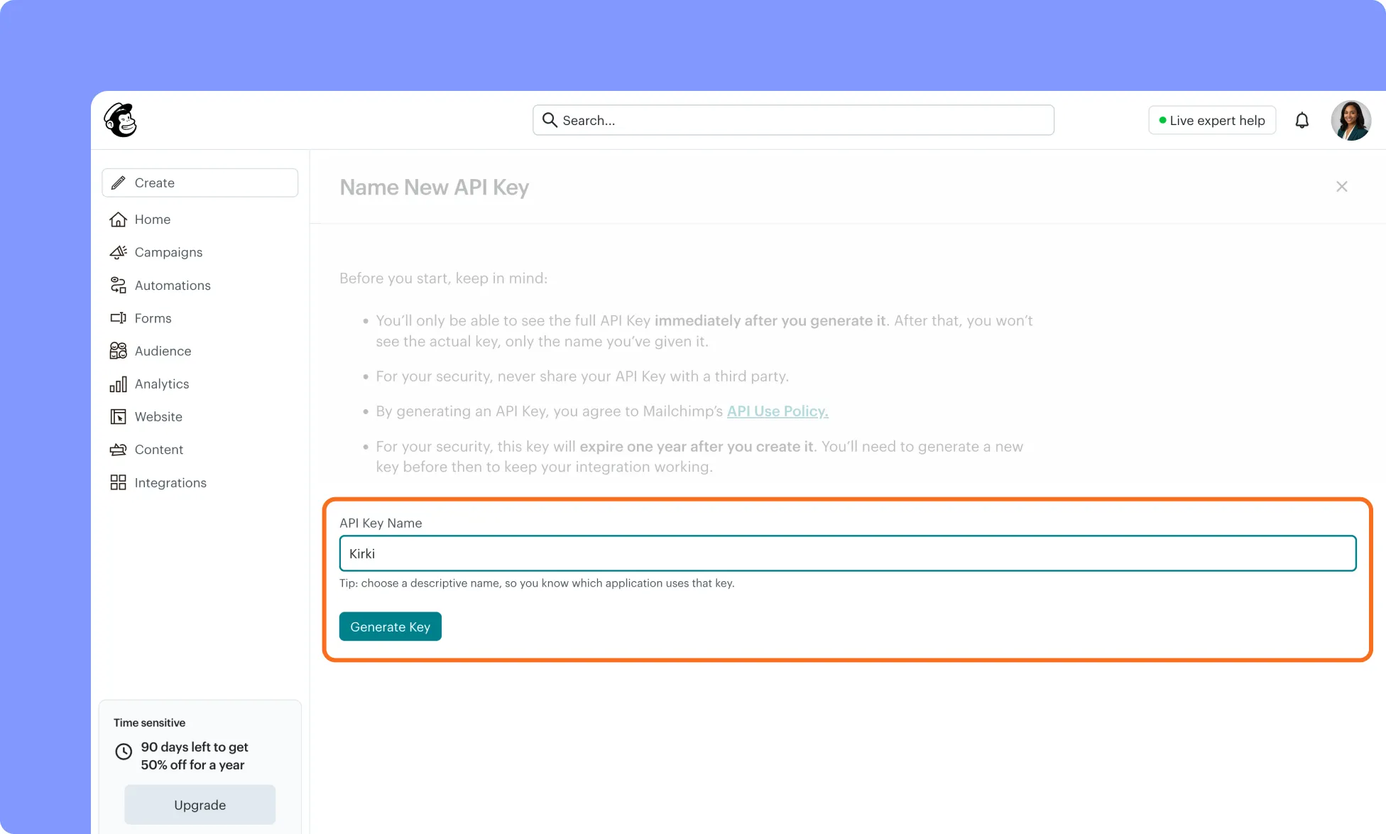 MailChimp API Key Settings for websites