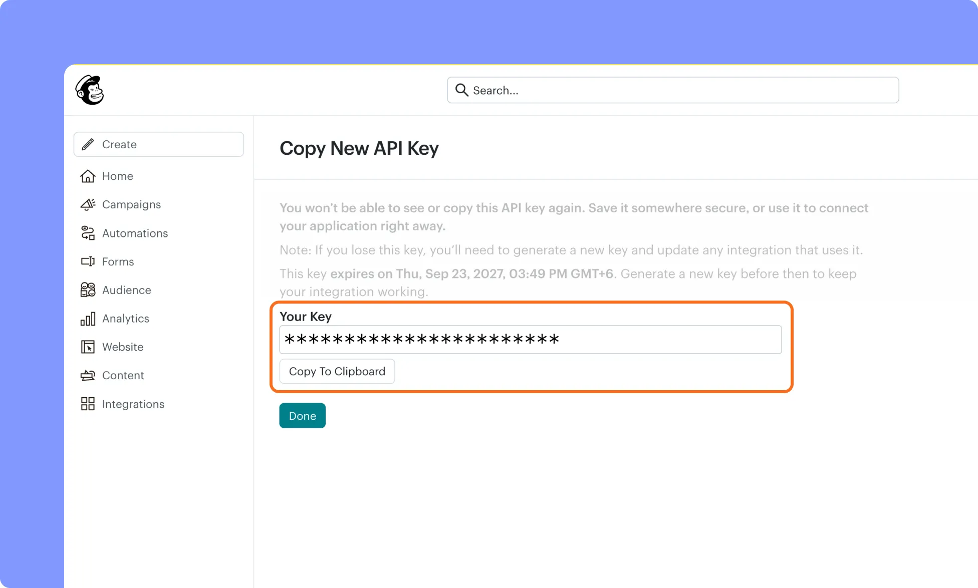 Mailchimp API key copy to connect to websites