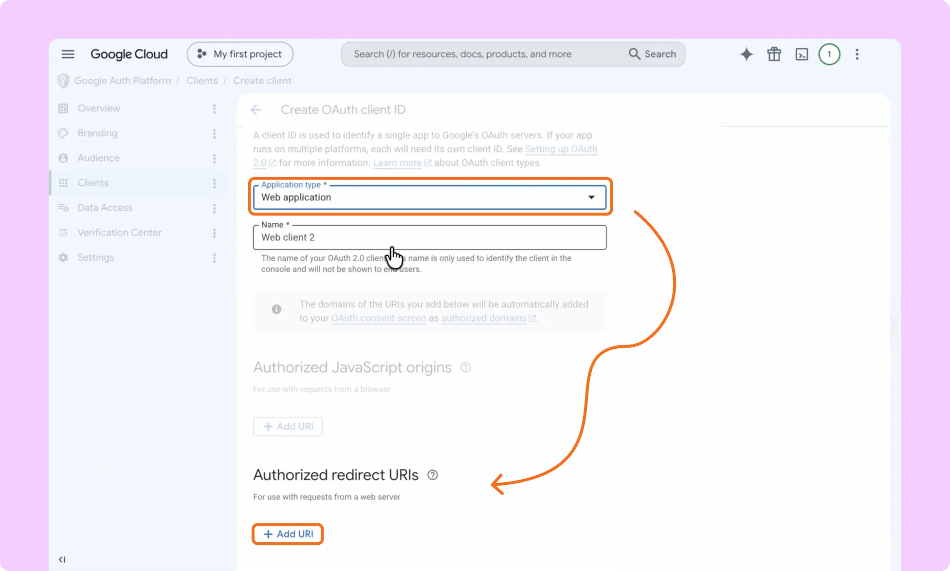Application type set to Web for Google Login App in Cloud console