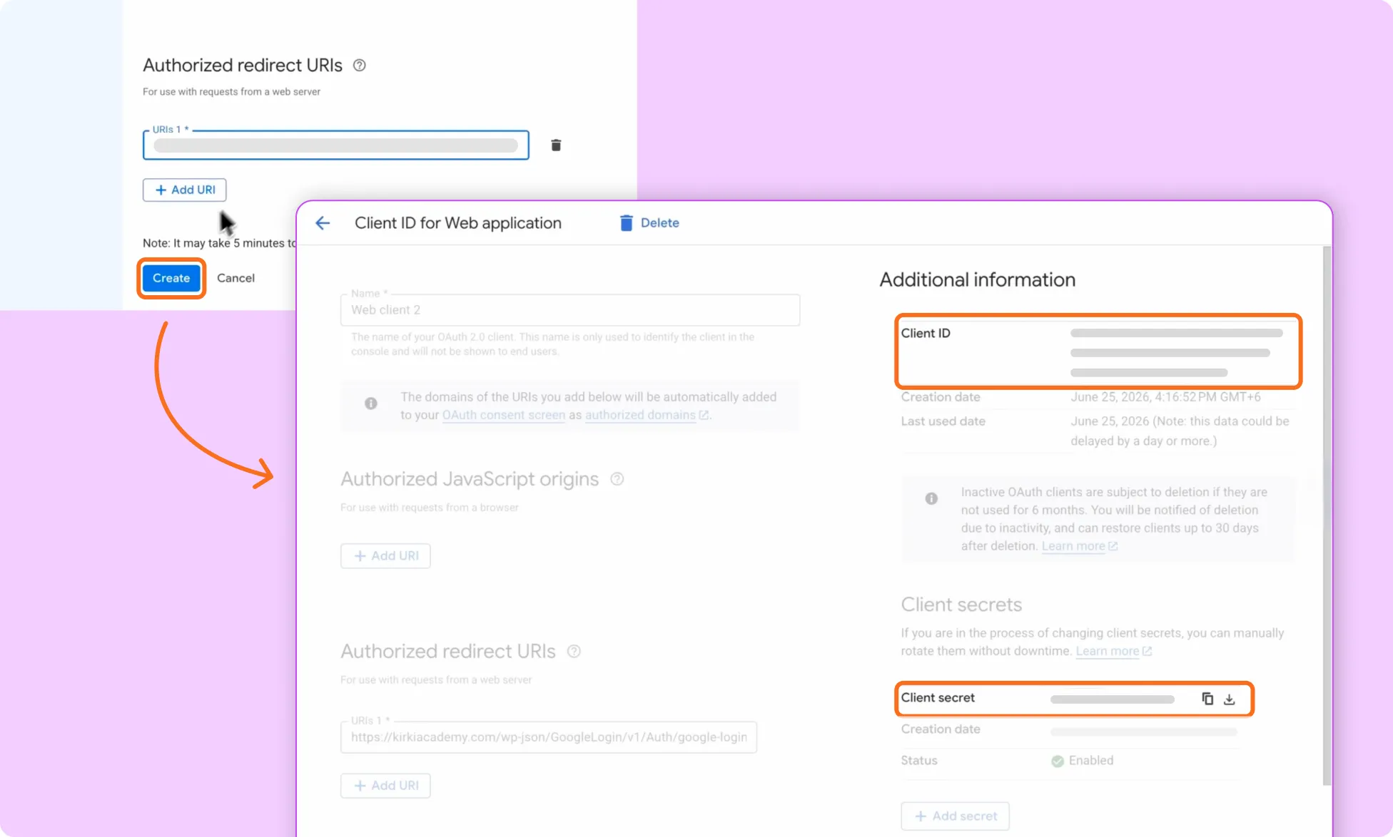 Client ID and Client Secret for Google Login App after click Create