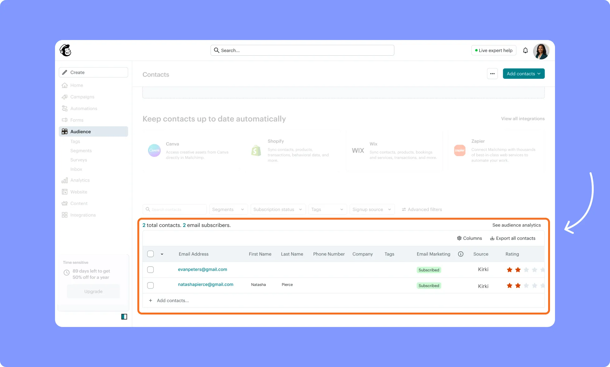 Entry MailChimp form submission found in the audience list